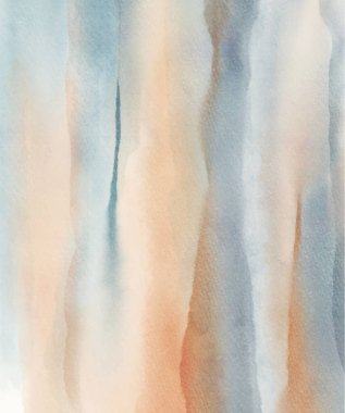 Yumuşak mavi ve bej tonlarda katmanlı sisli tepelerle soyut suluboya manzara, sakin atmosfer, derinlik ve doğal uyumu çağrıştırıyor. vektör