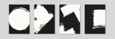 Dört soyut siyah beyaz fırça kompozisyonu, kalın vuruşlar ve dairesel şekiller, duvar sanatı ve markalaşması için modern minimalist vektör posterleri..