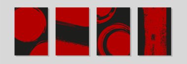 Dört soyut siyah ve kırmızı fırça kompozisyonu, kalın vuruşlar ve dairesel şekiller, duvar sanatı ve markalaşması için modern minimalist vektör posterleri..