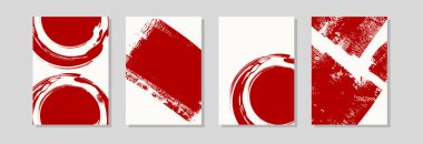 Dört soyut kırmızı ve beyaz fırça kompozisyonu, kalın vuruşlar ve dairesel şekiller, duvar sanatı ve markalaşma için modern minimalist vektör posterleri..