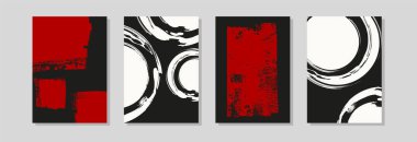 Dört adet soyut kırmızı, siyah ve beyaz fırça kompozisyonu, kalın vuruşlar ve dairesel şekiller, duvar sanatı ve markalaşma için modern minimalist vektör posterleri..