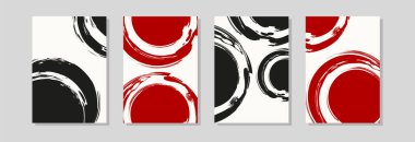 Dört adet soyut kırmızı, siyah ve beyaz fırça kompozisyonu, kalın vuruşlar ve dairesel şekiller, duvar sanatı ve markalaşma için modern minimalist vektör posterleri..