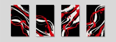 Siyah zemin üzerinde koyu kırmızı ve beyaz fırça darbeleri bulunan dört soyut poster koleksiyonu, duvar dekorasyonu için anlamlı modern vektör sanatı.