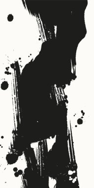 Siyah ve beyaz mürekkep sıçramaları ve fırça darbeleri soyut illüstrasyon, posterler, afişler ve modern tasarım için minimum vektör arkaplanı oluşturur.