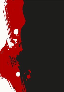 Siyah, beyaz ve kırmızı mürekkep sıçramaları ve fırça darbeleri soyut resimleme, posterler, afişler ve modern tasarım için minimum vektör arkaplanı oluşturur.