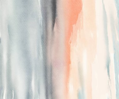 Mavi, bej ve şeftali tonları ile yumuşak katmanlı suluboya manzara, sakin atmosfer, derinlik ve nazik hareket çağrıştırıyor. vektör