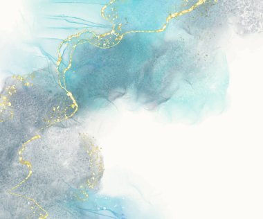 Yumuşak mavi tonlarda, akıcı dokular ve altın aksanlı zarif suluboya kompozisyonu, lüks, sakin ve yaratıcı arka planlar için idealdir. vektör
