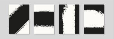 Beyaz zemin üzerinde dört soyut siyah fırça darbesi kompozisyonları seti, posterler, baskılar ve markalaşma tasarımı için modern vektör grunge duvar sanat koleksiyonu