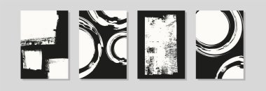 Dört soyut siyah beyaz fırça kompozisyonu, kalın vuruşlar ve dairesel şekiller, duvar sanatı ve markalaşması için modern minimalist vektör posterleri..