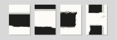 Beyaz zemin üzerinde dört soyut siyah fırça darbesi kompozisyonları seti, posterler, baskılar ve markalaşma tasarımı için modern vektör grunge duvar sanat koleksiyonu