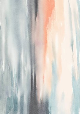 Mavi, bej ve şeftali tonları ile yumuşak katmanlı suluboya manzara, sakin atmosfer, derinlik ve nazik hareket çağrıştırıyor. vektör