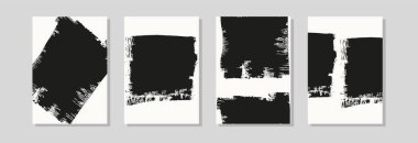 Dört soyut siyah beyaz fırça kompozisyonu, kalın vuruşlar ve dairesel şekiller, duvar sanatı ve markalaşması için modern minimalist vektör posterleri..