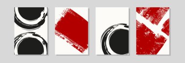 Dört adet soyut kırmızı, siyah ve beyaz fırça kompozisyonu, kalın vuruşlar ve dairesel şekiller, duvar sanatı ve markalaşma için modern minimalist vektör posterleri..