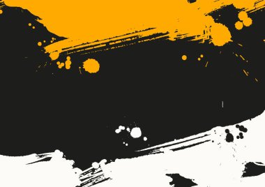 Siyah, beyaz ve sarı mürekkep sıçramaları ve fırça darbeleri soyut illüstrasyon oluşturur, posterler, afişler ve modern tasarım için minimum vektör arkaplanı.