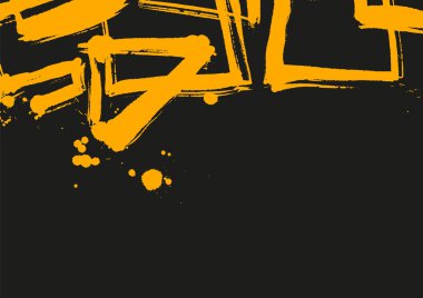 Sarı mürekkep fırçası darbeleri ve siyah arkaplan üzerine sıçrayan elementler içeren cesur soyut vektör afişi, modern, sanatsal ve kenar tasarım kullanımı için idealdir.