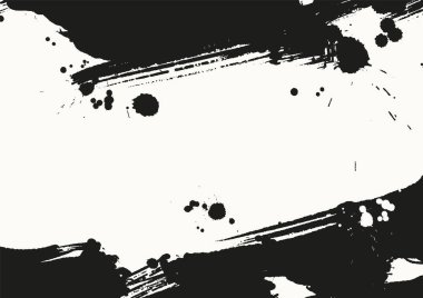 Siyah ve beyaz mürekkep sıçramaları ve fırça darbeleri soyut illüstrasyon, posterler, afişler ve modern tasarım için minimum vektör arkaplanı oluşturur.