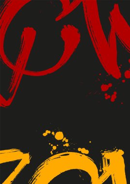 Cesur sarı ve kırmızı mürekkep fırçası darbelerine ve siyah arkaplan üzerine sıçramalara sahip minimum soyut vektör, modern markalaşma, posterler ve yaratıcı düzenler için ideal.