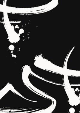 Kalın beyaz fırça darbelerine ve siyah arkaplan üzerine sıçramalara sahip minimum soyut vektör, modern markalaşma, posterler ve yaratıcı düzenler için ideal..