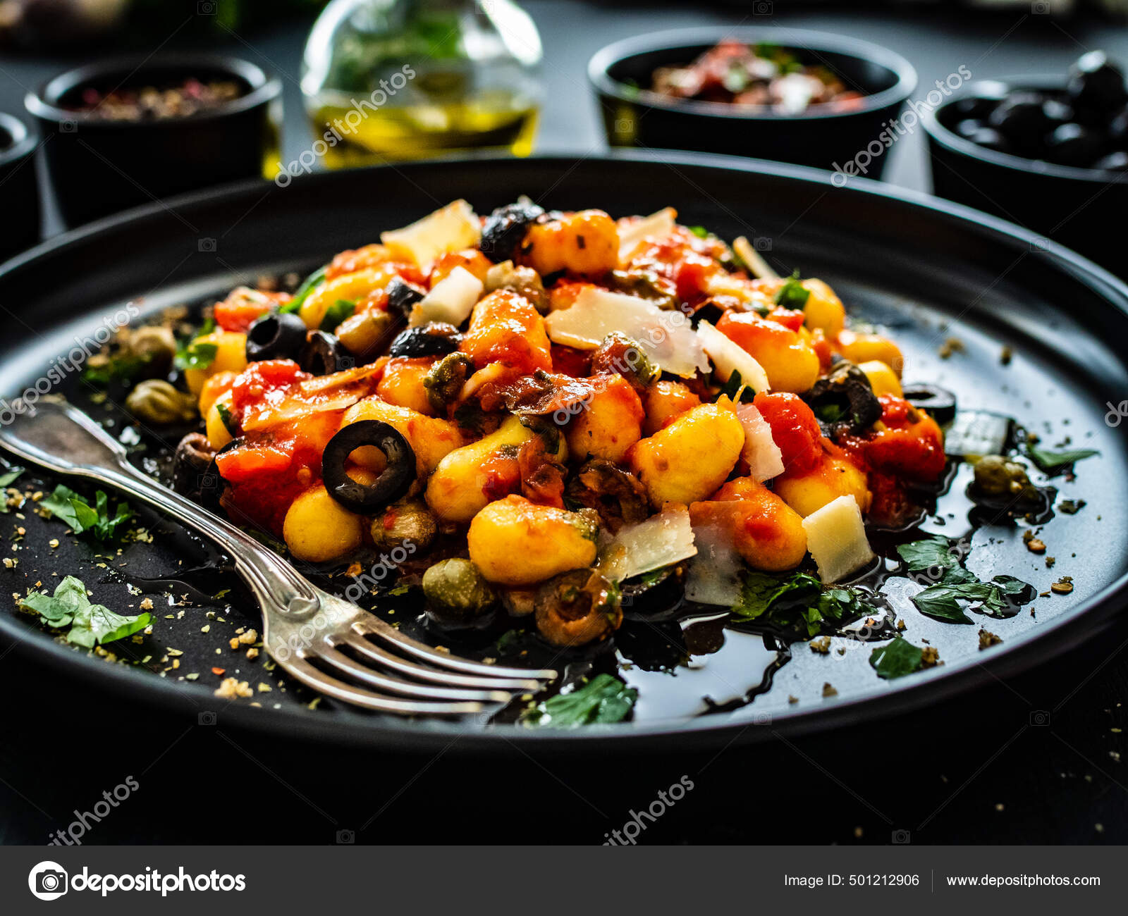 Gnocchi Puttanesca Gnocchi Tomato Sauce Anchovies Chili Capers Olives