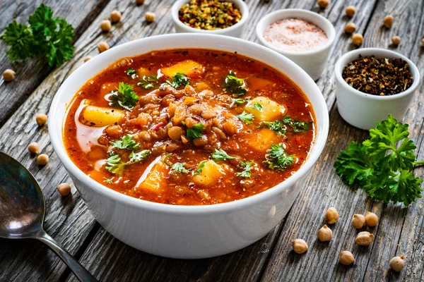 Delicious Vege Soup Boiled Fresh Vegetables Chickpeas Wooden Table — Stock Photo, Image