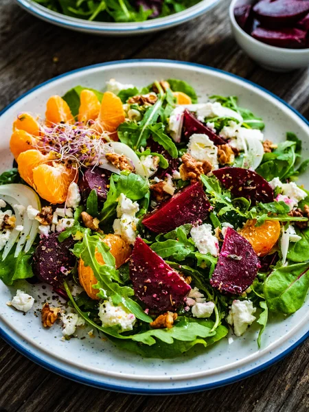 Beetroots Salad Feta Cheese Walnuts Tangerines Wooden Background — Stock Photo, Image