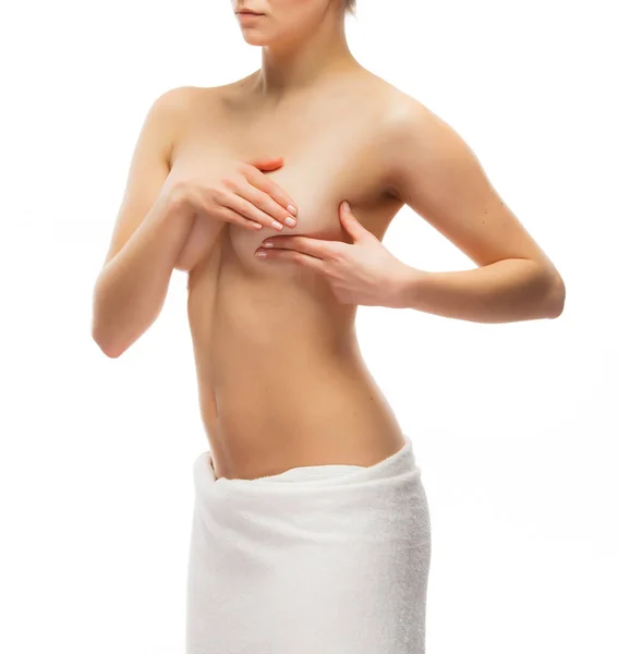 检查乳房孤立在白色背景上的女人 — 图库照片