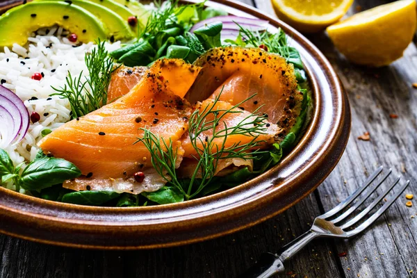 Salmon Salad Smoked Salmon White Rice Avocado Green Vegetables Wooden — Stock Photo, Image