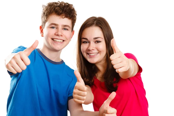 Dívka a chlapec ukazuje palec — Stock fotografie