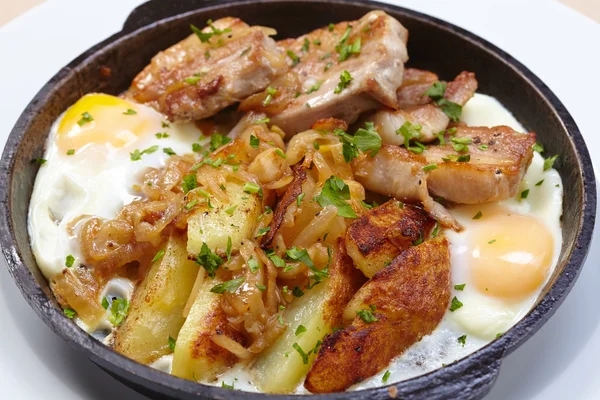 fried meat with potatoes and eggs