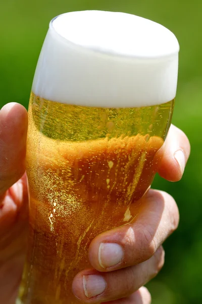 Vychlazené pivo v ruce — Stock fotografie