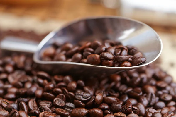 Coffee Coffee Beans Metal Scoop Closeup — Stock Photo, Image