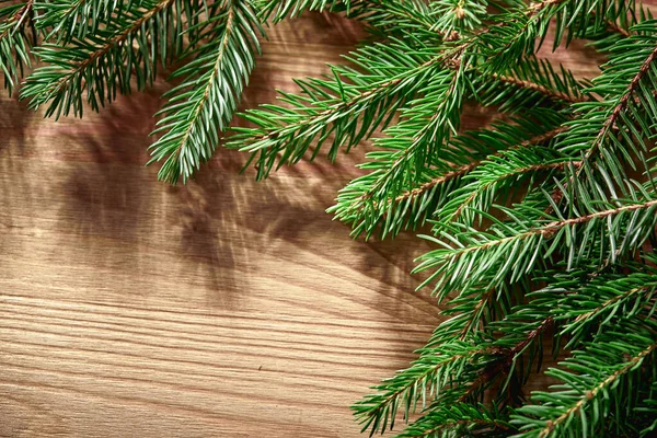 Julkort Med Julgran Grenar Trä Bakgrund — Stockfoto