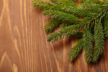 Ahşap arka planda köknar dalı, yeni yıl konsepti,