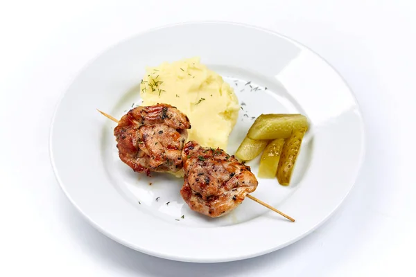 Pork Kebab Mashed Potato Vegetables White Plate Close View — Stock Photo, Image