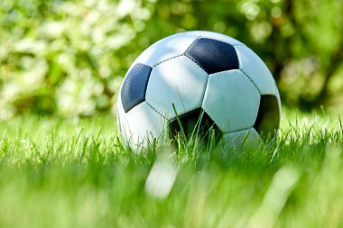 Güneşli bir günde yeşil çayır üzerinde futbol topu