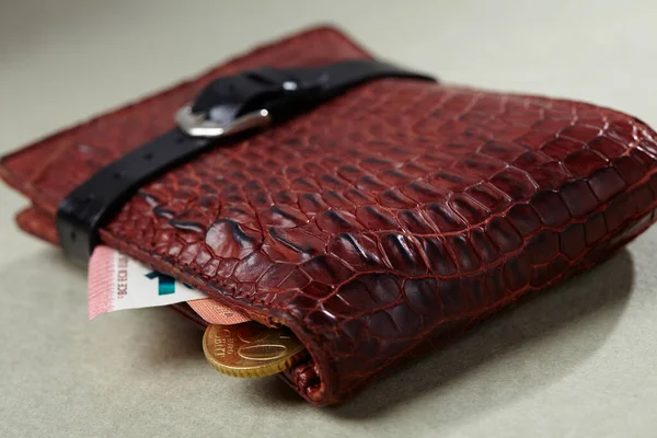 leather wallet with money and belt, close view