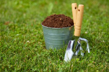 Bahçedeki yeşil çimlerde bahçe aletleri