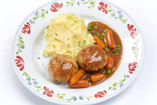 Meatballs Mashed Potato Vegetables White Plate Close View — Stock Photo, Image