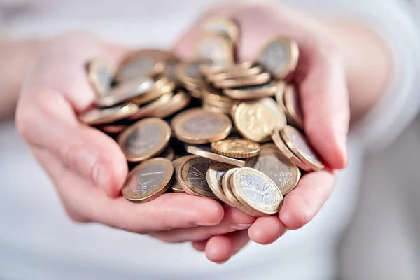 Hands Holding Euro Coins Close View — Stock Photo, Image