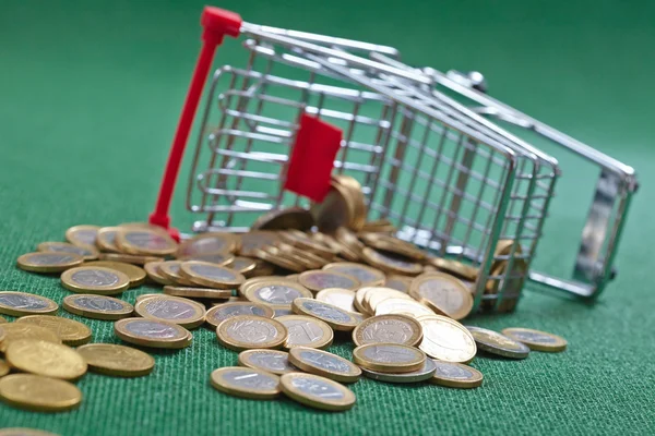 Monedas en cesta de la compra —  Fotos de Stock