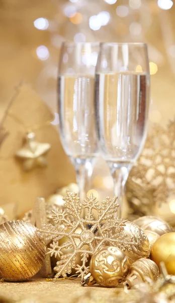 Champagne and christmas decorations Royalty Free Stock Images