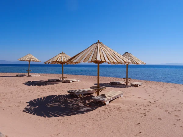 阳光明媚的海滩上的遮阳伞 — 图库照片