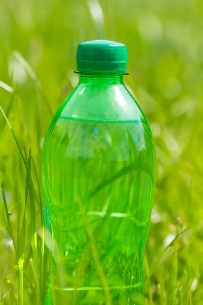 Garrafa Água Grama Verde Perto — Fotografia de Stock