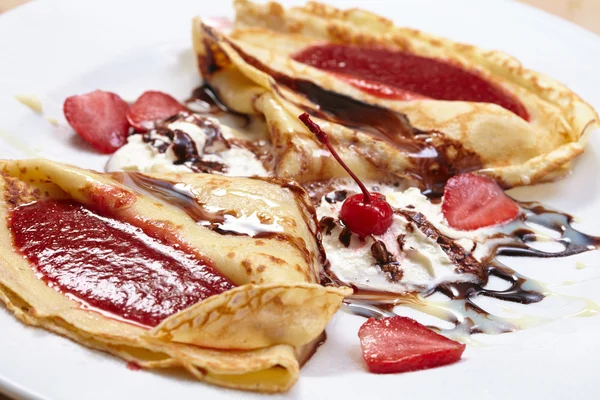 Pancakes Jam White Plate Close — Stock Photo, Image