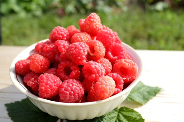 Fresh raspberries in plate — Stock Photo, Image