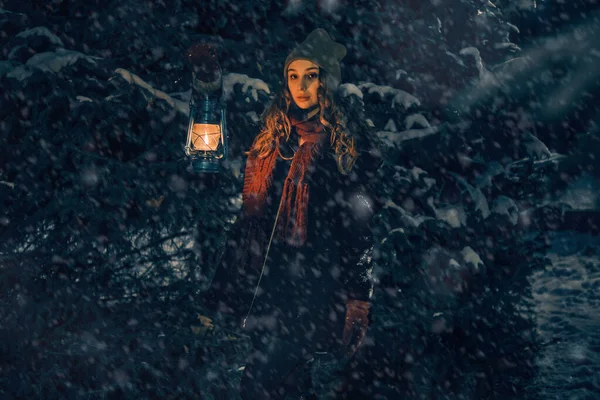 冬日森林童话中的少女 有灯笼 有书皮 — 图库照片