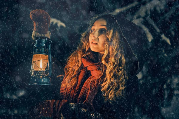 Kışın orman masalında fenerli genç kız, kitap kapağı