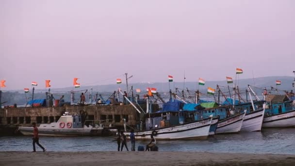 Asiatiska Fiskebåtar Förtöjda Nära Stranden Goa Chapora Indien — Stockvideo