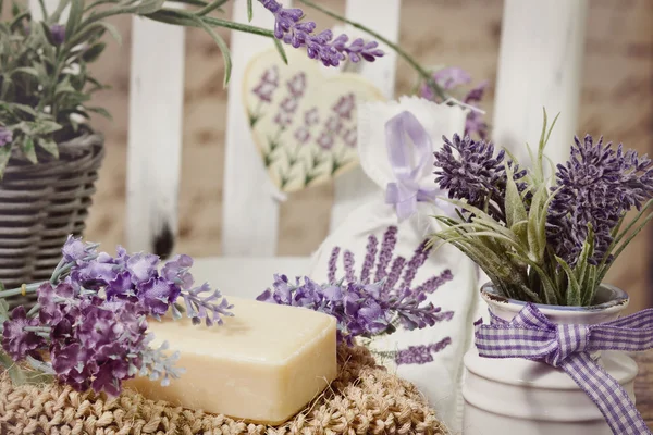 Soap bars and lavender decoration — Stock Photo, Image