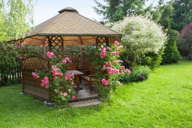 Outdoor wooden gazebo with roses and summer landscape background clipart
